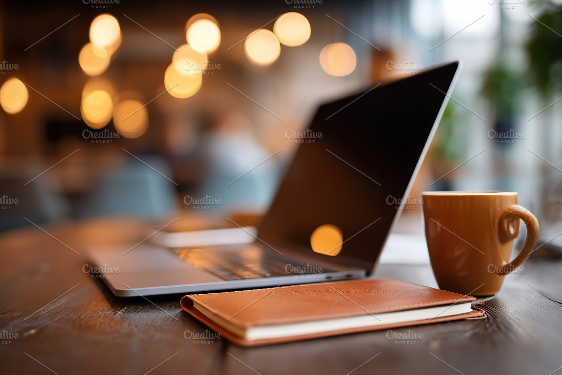 Cozy workspace with laptop, espresso, and leather notebook in a warm cafe setti, a Business Photo by AlyaAnd