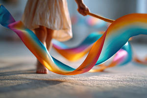 Child playing with colorful ribbons indoors, an Arts & Entertainment Photo by AlyaAnd