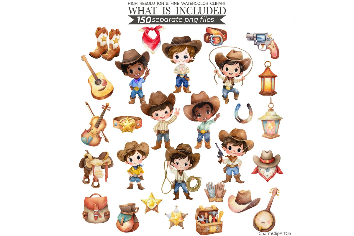 Watercolor Cowboy Clipart Bundle, an Illustration by CharmClipart (Photo 4 of 10)