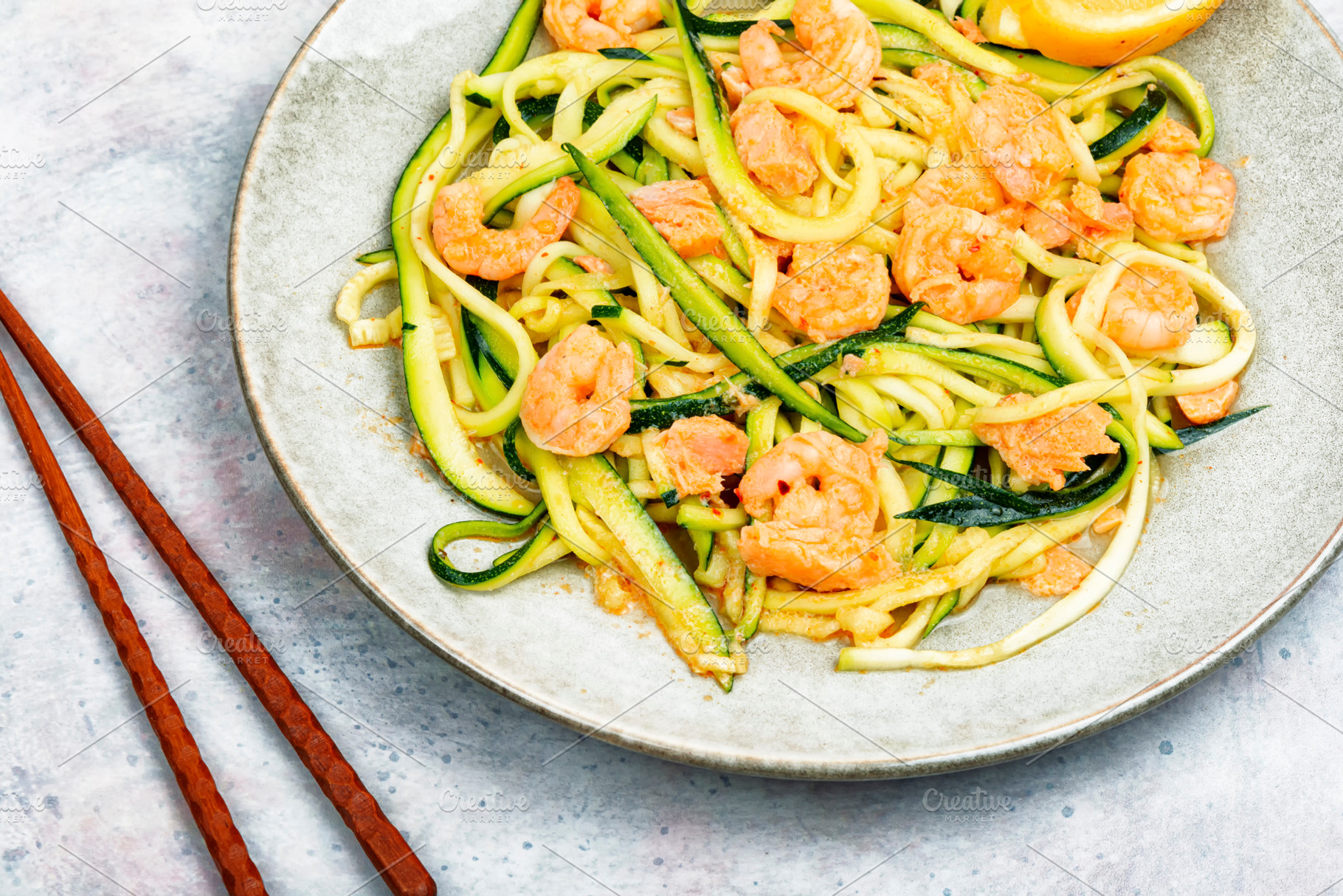 Fried shrimp and vegetable on plate, a Food & Drink Photo by MLunov MLunov