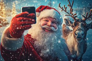 Santa Claus takes a cheerful selfie, a Photo by Tanuart
