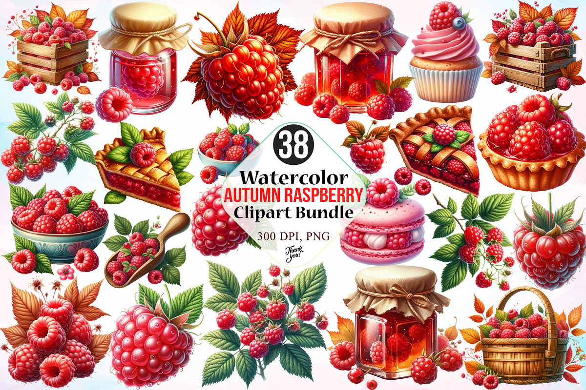 Watercolor Autumn Raspberry Clipart, a Seasonal Illustration by Canvas Craft (Photo 1 of 8)