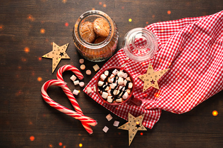 Concept of sweet drink, tasty cocoa drink with marshmallow, top, a Food & Drink Photo by AtlasStudio