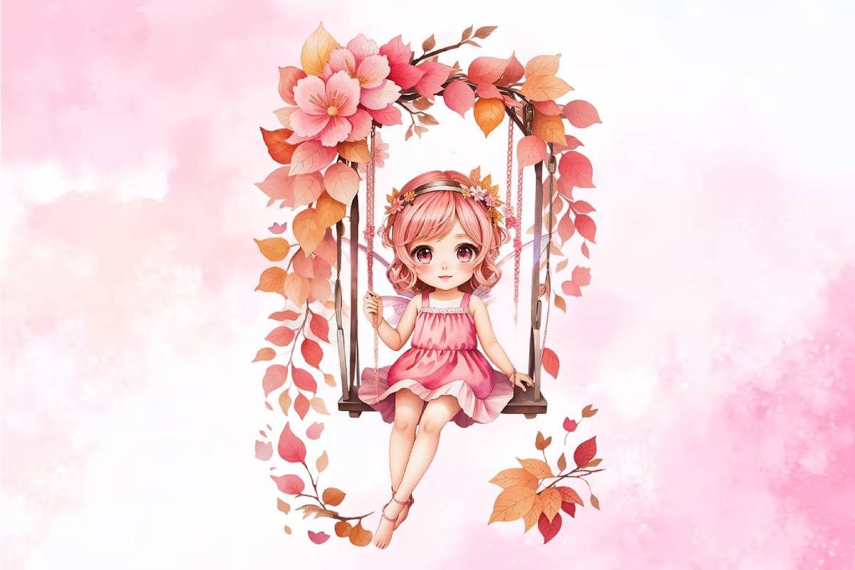 Pink Cute Autumn Fairy with Swing, a Seasonal Illustration by Craft Nest (Photo 3 of 5)