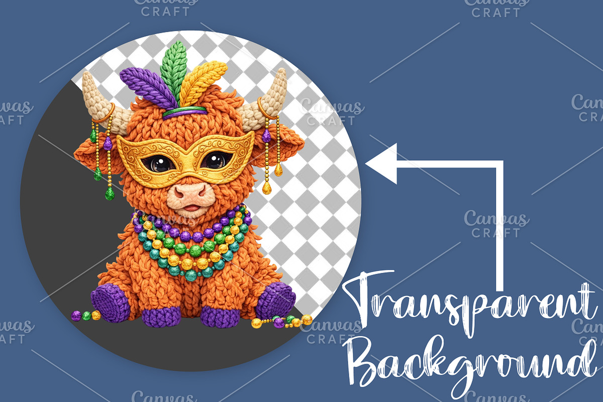 Crochet Mardi Gras Highland Cow PNG, an Illustration by Canvas Craft (Photo 2 of 6)