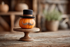 Pumpkin with a mustache and top hat displayed on a wooden stand in a cozy setti, a Holiday Photo by AlyaAnd