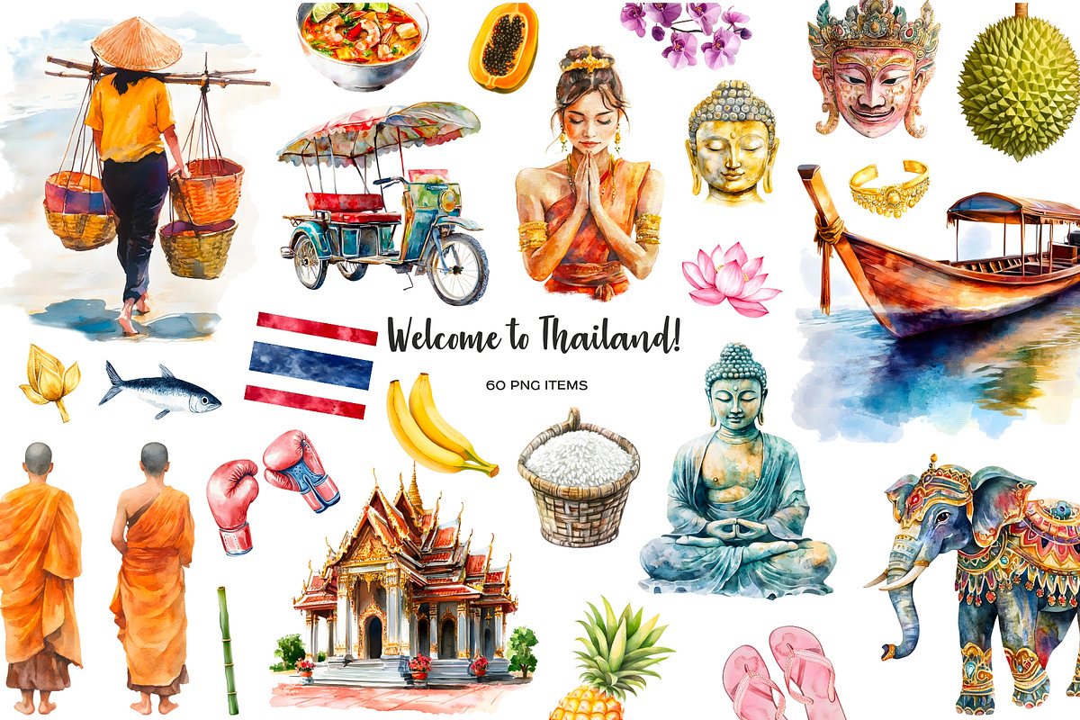 Watercolor Thailand clipart 60 PNG, an Object Illustration by Art and Funny (Photo 1 of 5)