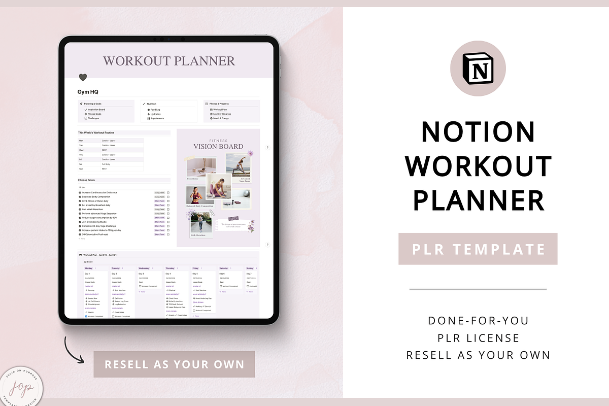 Notion PLR Template Workout Planner, a Templates & Theme by Julia On Purpose (Photo 1 of 10)