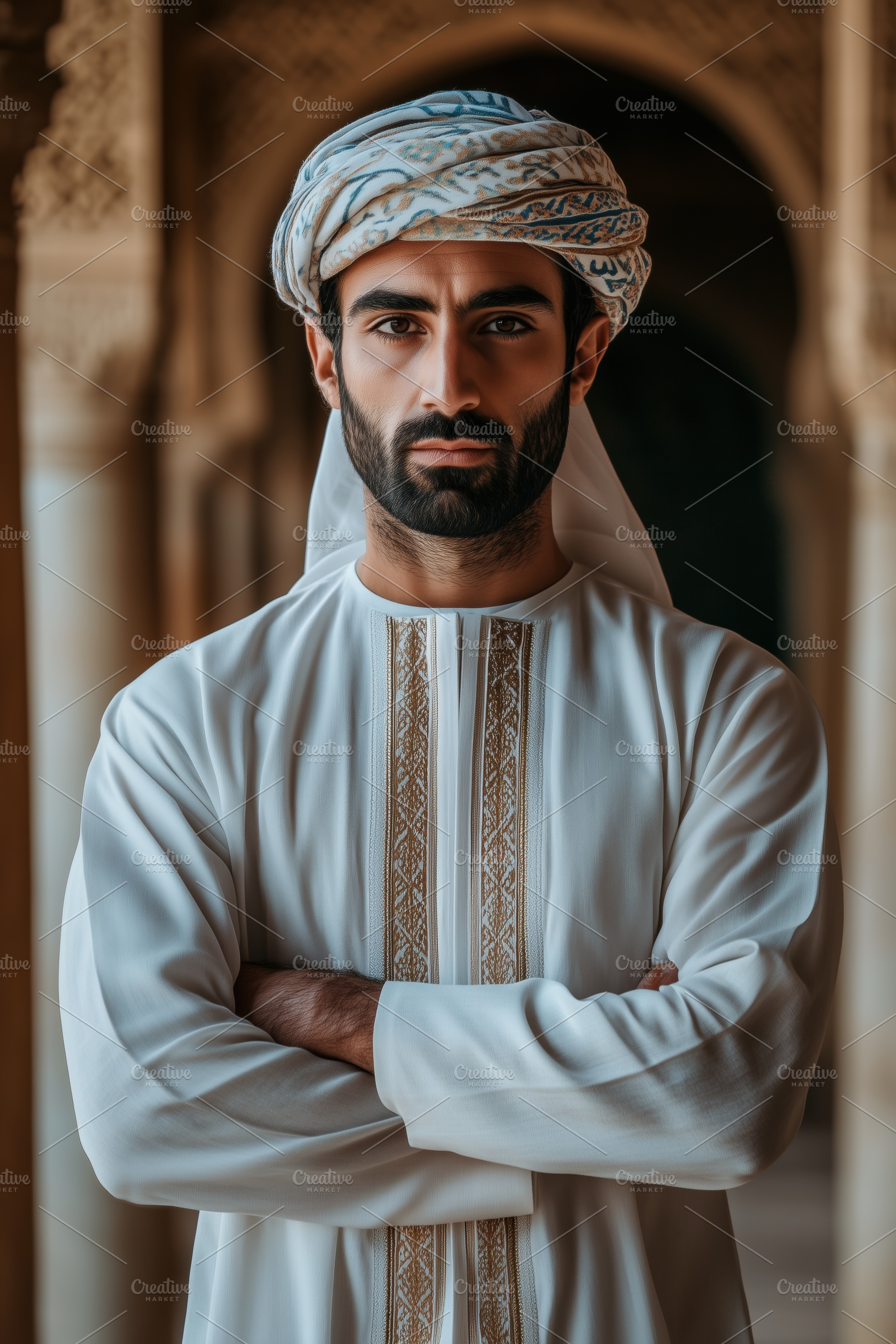 A portrait of a arabic man in traditional Middle Eastern attire, standing confi, a Person Photo by Textures & Backgrounds