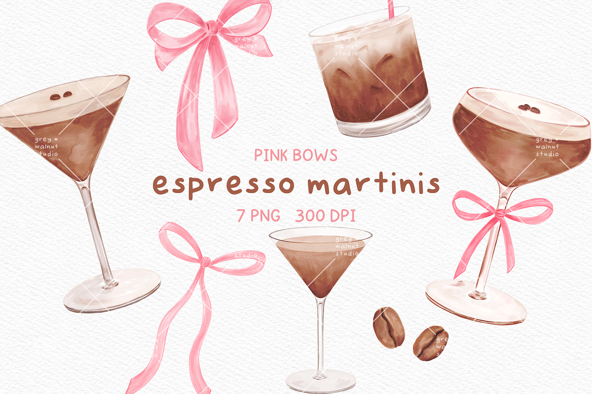 Espresso Martini Pink Bows Clipart, a Food Illustration by greywalnutstudio (Photo 1 of 3)
