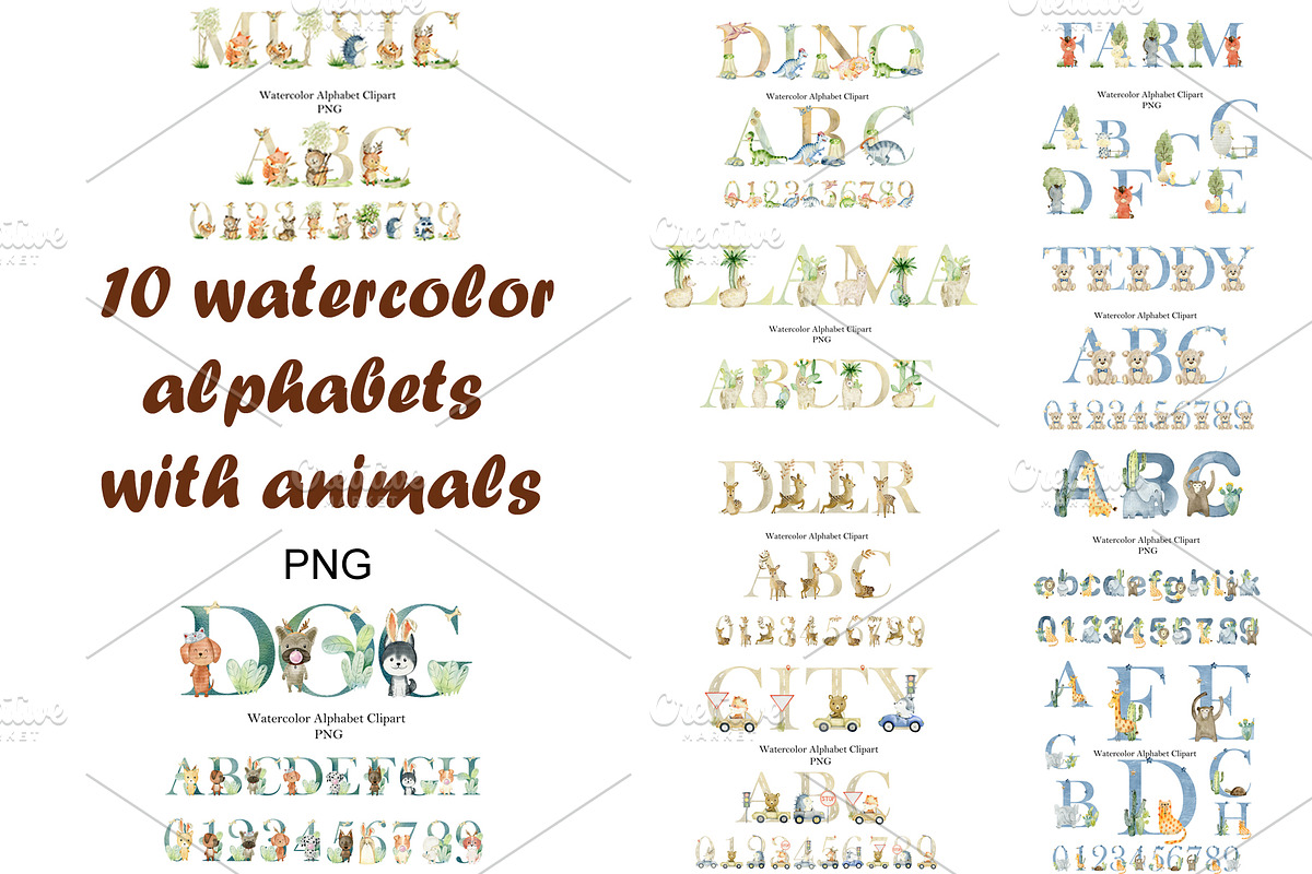 10 Watercolor Animal Alphabets., an Animal Illustration by TaPilipa (Photo 1 of 11)