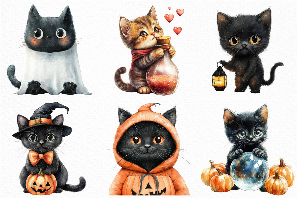 Watercolor Cute Halloween Black Cats, an Illustration by Craft Nest (Photo 5 of 6)