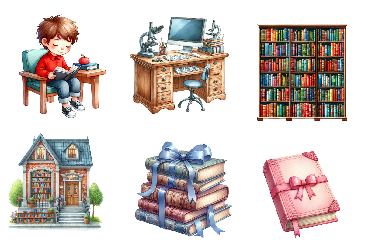 Library Kids Clipart Watercolor Book, an Illustration by CreationArt (Photo 6 of 7)