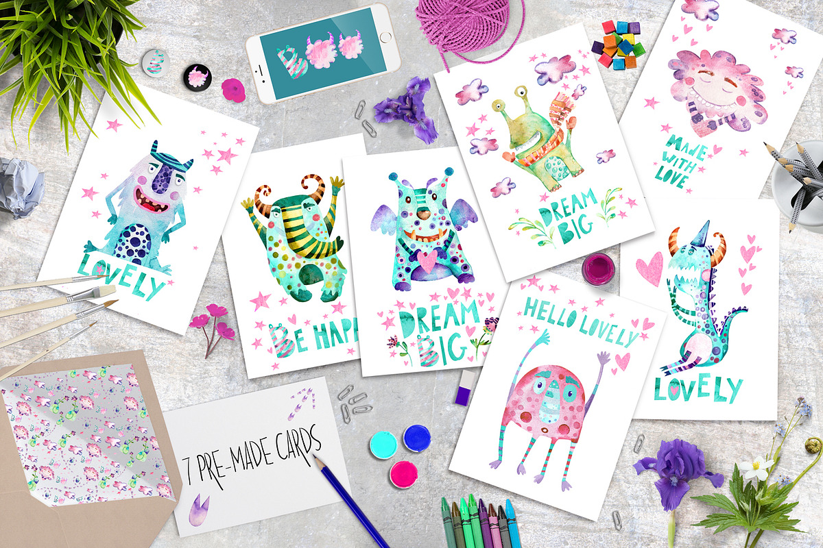 Funny Monsters| watercolor set, an Illustration by SimpleLesia (Photo 3 of 7)
