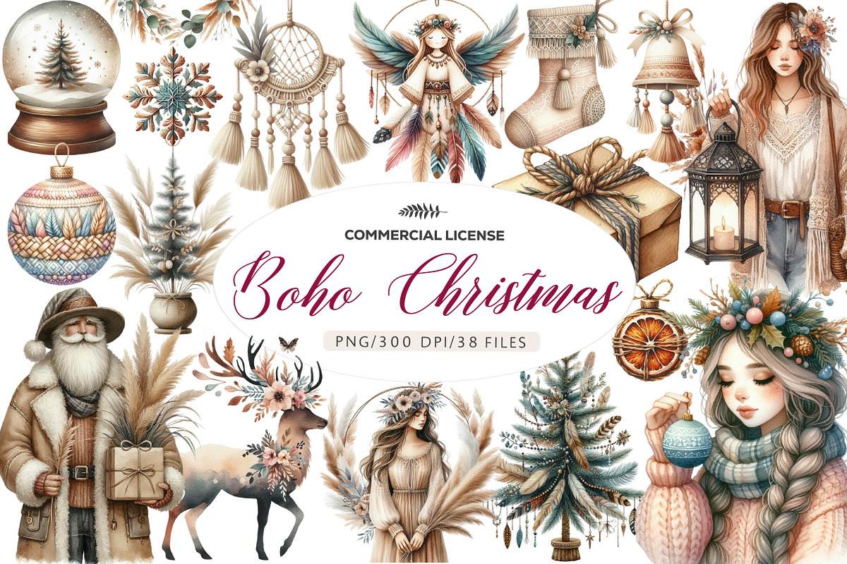 Boho Christmas Clipart Bundle, an Illustration by CreationArt (Photo 1 of 7)