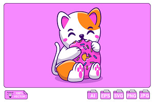 Cute Cat Eating Big Doughnut Cartoon, an Animal Illustration by Artstorystudio