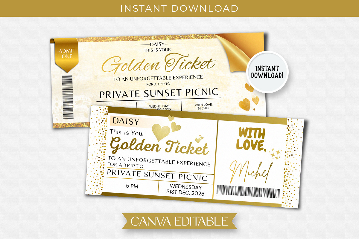 Editable Golden Ticket Canva Design, an Invitation Template by Snapybiz (Photo 4 of 10)