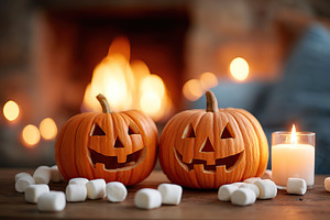 Pumpkins roasting marshmallows over a warm tea near a cozy fire on a cool autum, a Food & Drink Photo by AlyaAnd