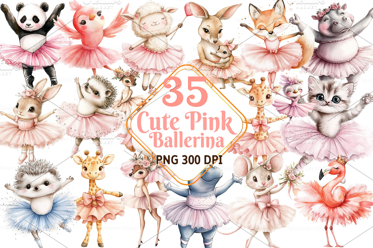 Cute Pink Ballerina Animals Clipart, an Illustration by Watercolor design (Photo 1 of 5)