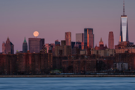 Downtown with full moon at sunrise, an Architecture Photo by Andriy Photography