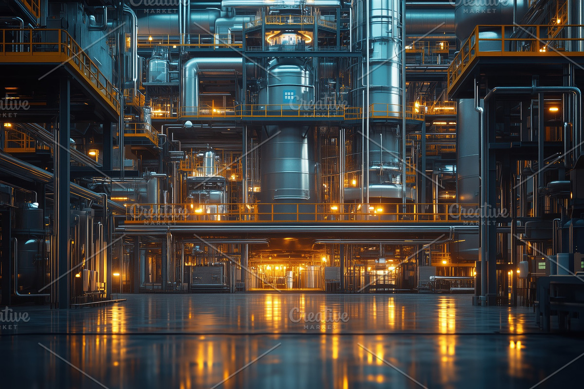 A large industrial facility with metallic structures, pipes, and glowing lights, an Industrial Photo by Textures & Backgrounds (Photo 1 of 2)