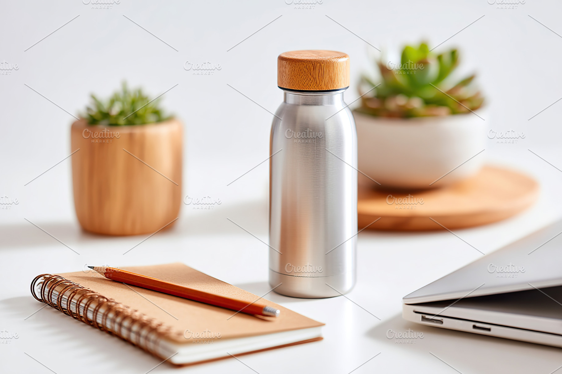 Stylish water bottle and notebook on a minimalist desk with plants in the backg, a Photo by AlyaAnd