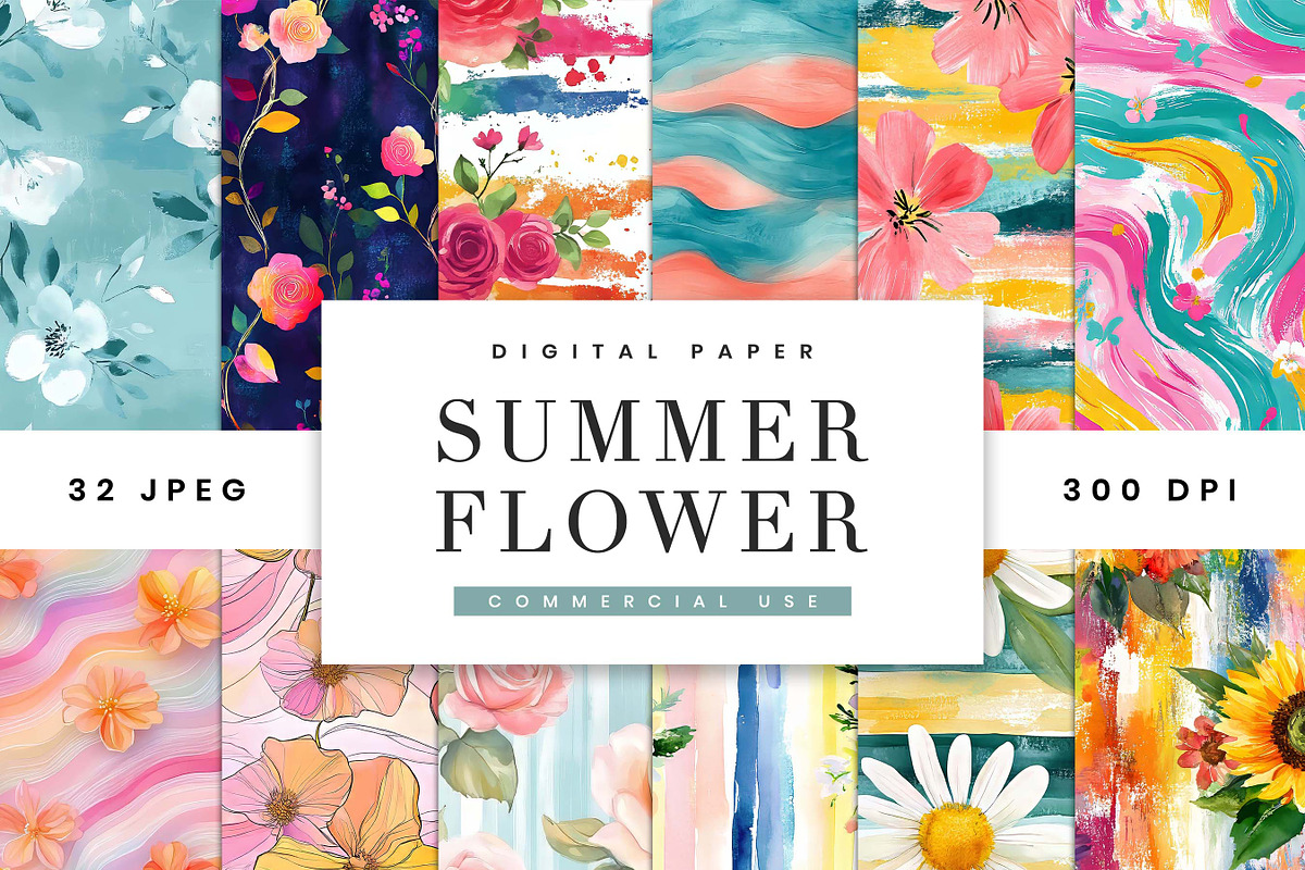 Summer Flower Digital Papers Digital, a Pattern Graphic by BusyDaydesign (Photo 1 of 9)