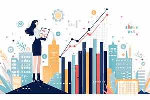 Woman analyzing financial growth data with cityscape and bar graph elements, a Photo by AS photostudio