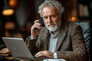 Mature man in a cozy office setting, a Photo by Tanuart