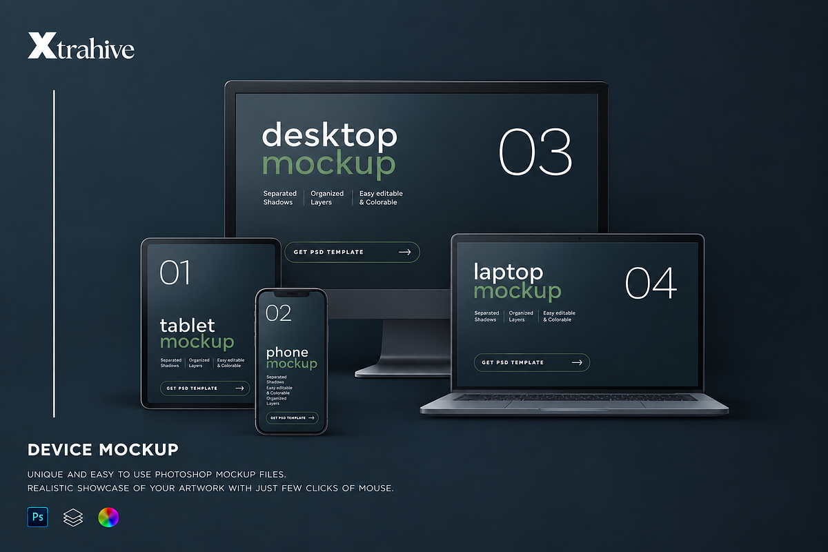 Dark Multi Device Screens Mockup, a Mac Mockup by Xtrahive (Photo 1 of 2)