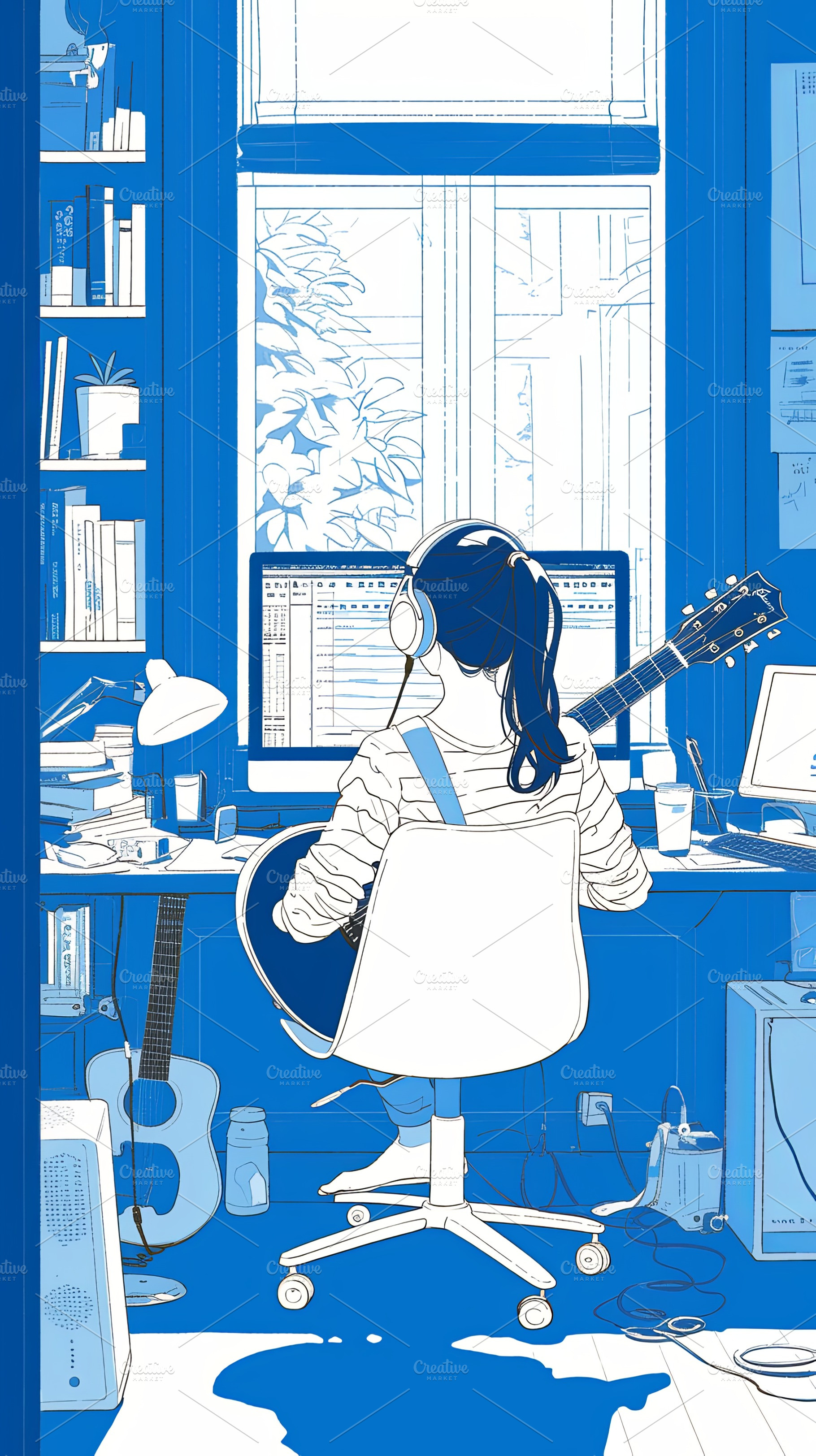 Woman playing guitar while working on computer in a creative home office, a Photo by AS photostudio