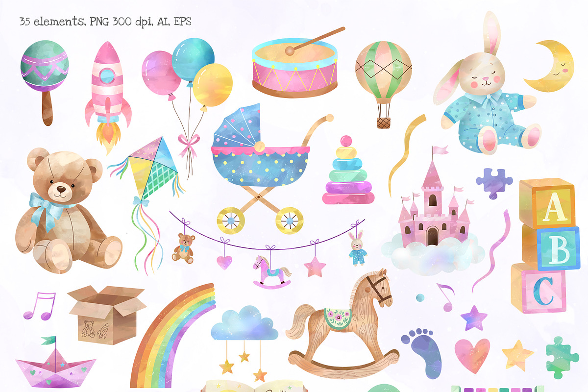 Watercolor Baby Toys Clipart, an Illustration by Hanna's ArtLab (Photo 2 of 4)