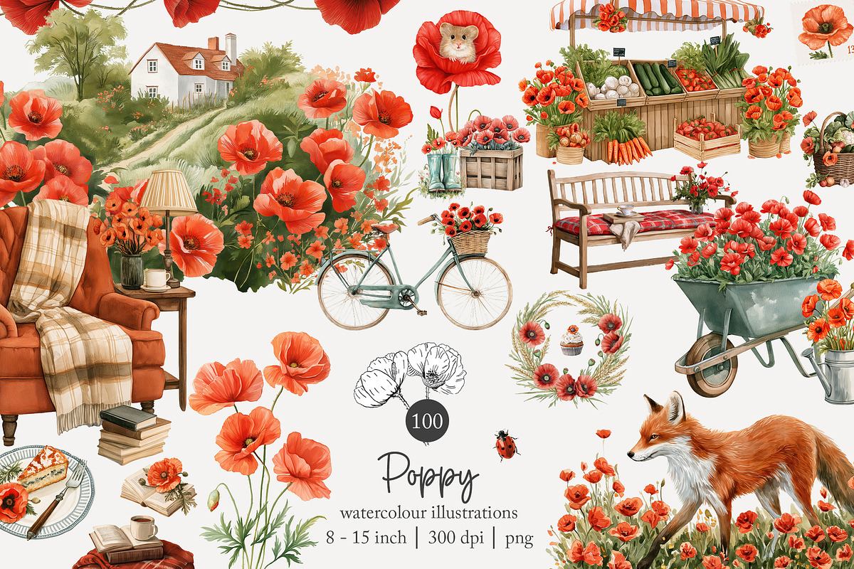 100 watercolour poppy clip art, a Seasonal Illustration by Poppy Lane Studio (Photo 1 of 12)