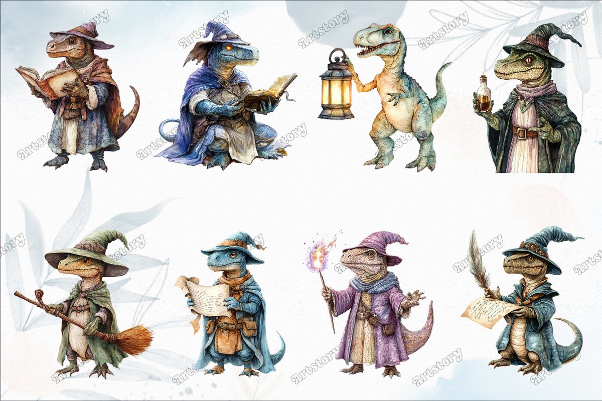 Watercolor Wizard Dinosaur Clipart, an Illustration by designcity5 (Photo 3 of 5)