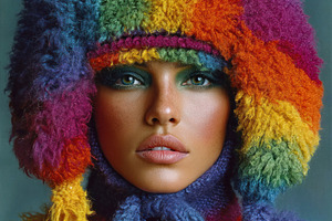 Vibrant closeup portrait of woman in rainbow-colored wool hat wi, a Person Photo by José Manuel Gelpi