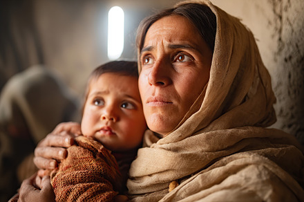 Mother holds child tightly in a moment of fear and hope during a crisis situati, a Person Photo by AlyaAnd