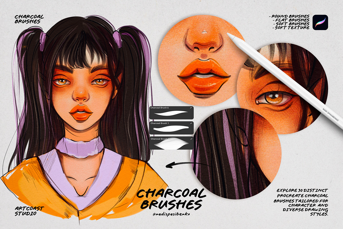 Charcoal Brushes for Procreate, a Brush Add-On by Spasibenko Art