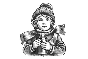 child in winter clothing holding, a Person Illustration by AlexArt