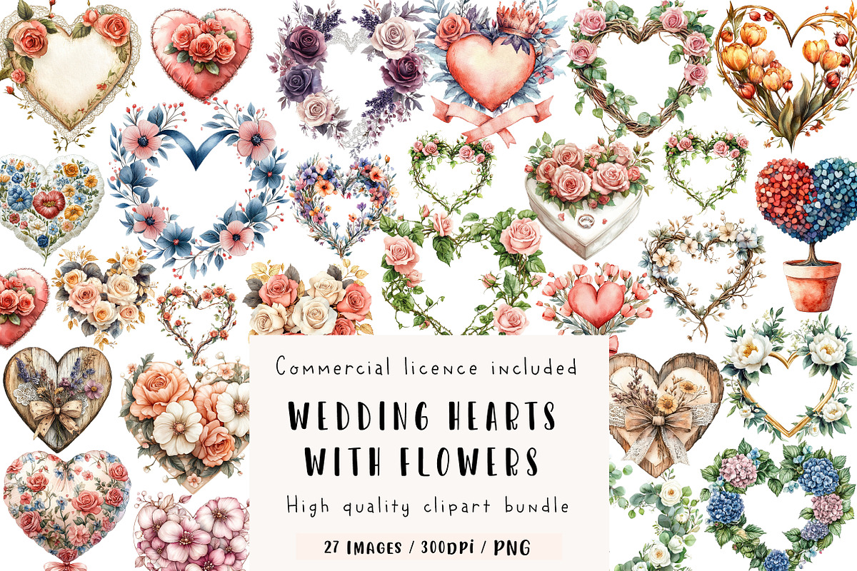 Wedding Hearts with Flowers Clipart, an Illustration by CreationArt (Photo 1 of 9)