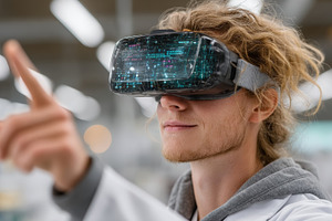 Scientist using a virtual reality headset for research in a laboratory environm, a Health & Medical Photo by AS photostudio
