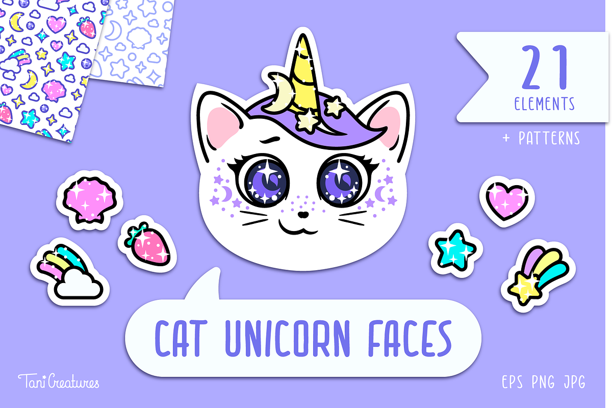 Cat Unicorn faces Clipart & Patterns, an Illustration by TaniCreatures (Photo 1 of 8)