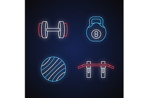 Weight Training Neon Light Icons Set