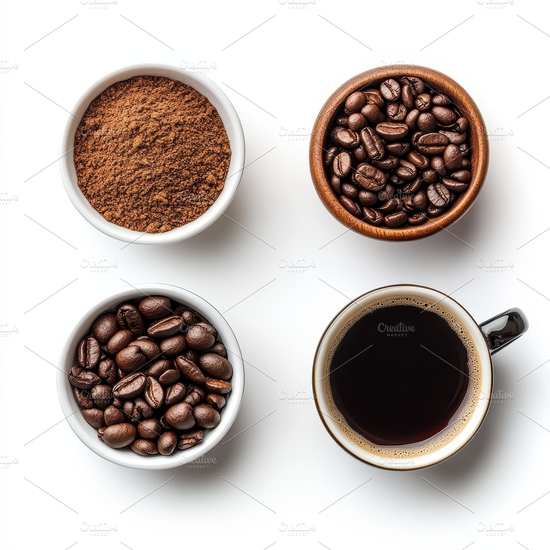 Coffee beans ground coffee and brewe, a Food & Drink Photo by Pixeness Studio