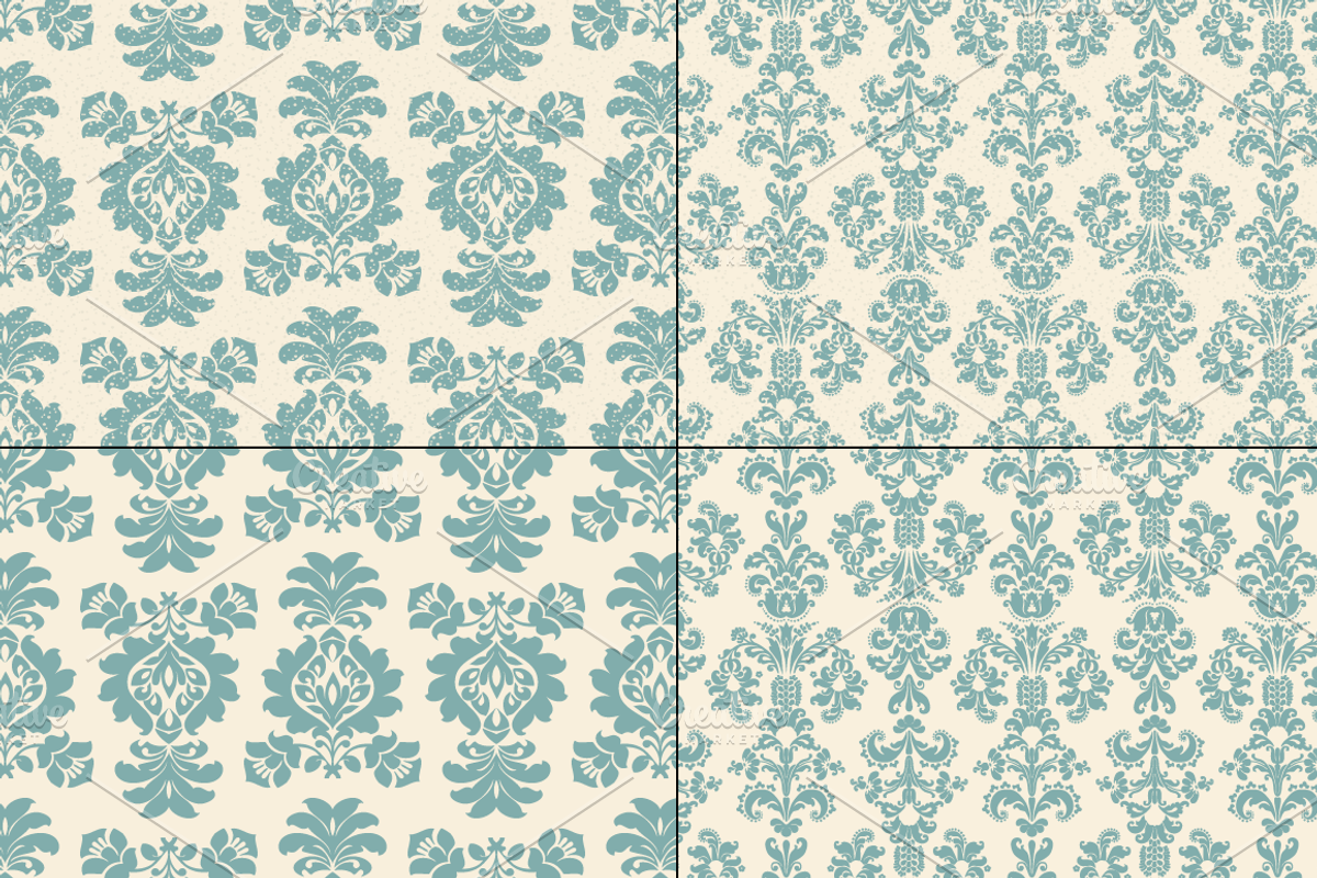 Seamless Blue Damask Patterns preview 6