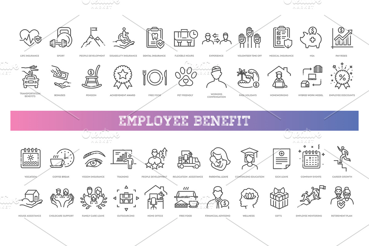 Employee Benefits line icons set, an Object Illustration by Tettygreen