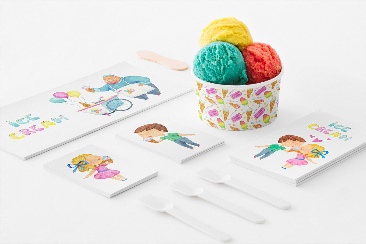 Watercolor Ice Cream clipart., a Decorative Illustration by Kattarina Po (Photo 6 of 9)