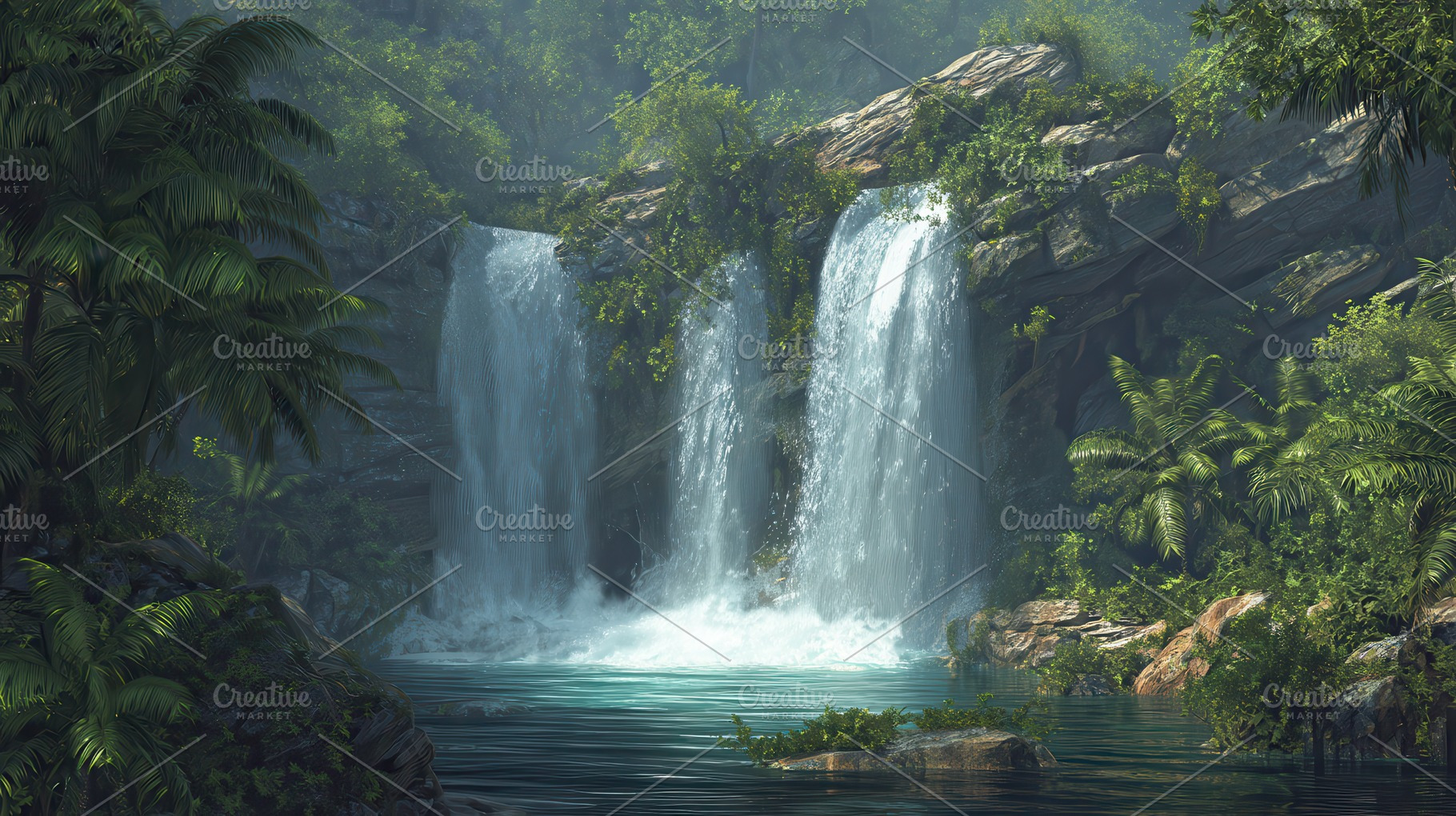Waterfalls flow into a natural pool, a Photo by Pavel_design