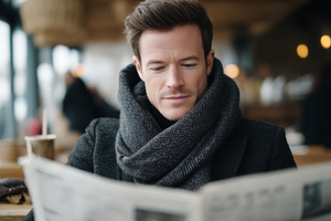Man in a dark coat and scarf sits in, a Person Photo by MistyDay