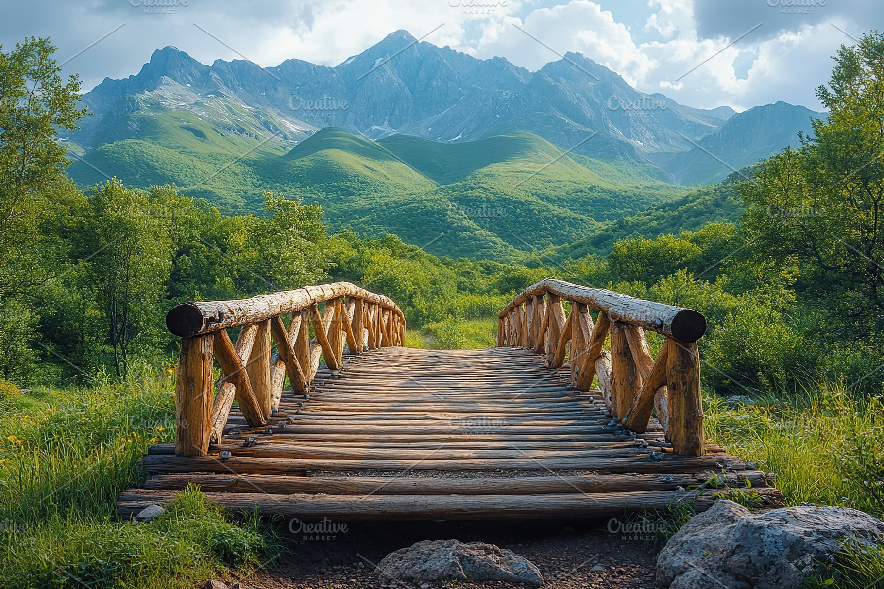 Wooden bridge on green forest and mountains background, a Nature Photo by AlyaAnd
