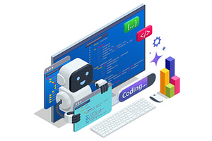 Isometric concept of AI coding, a Technology Illustration by Golden Sikorka